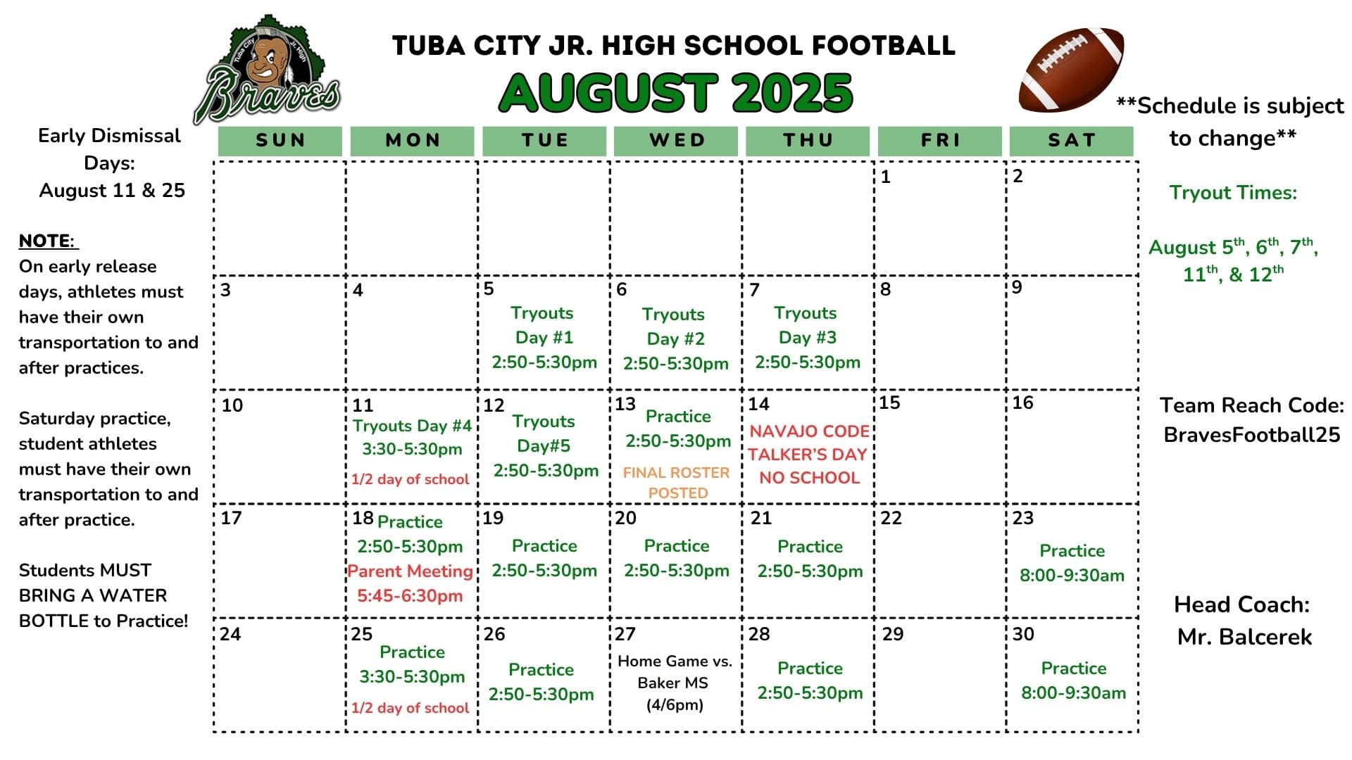 TCJHS Football Schedule Aug-Oct 2025
